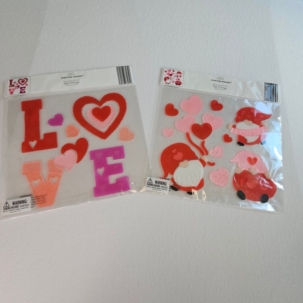 Kirkton House Valentine's Day Gel Clings 2 Pack Gnomes Love Hearts 84 Pieces New